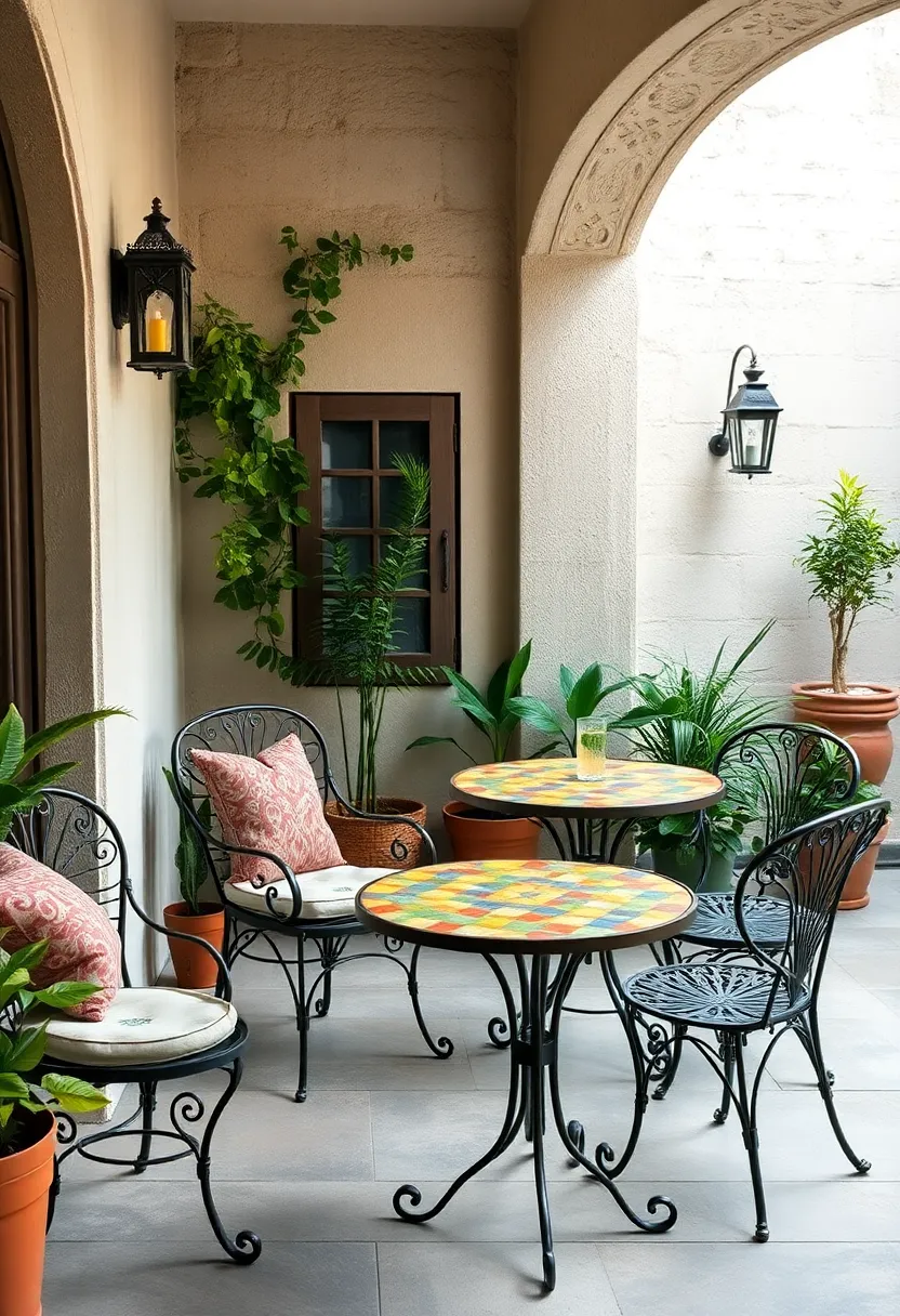 An inviting garden nook featuring wrought iron bistro tables with mosaic tops, blending old-world charm with color