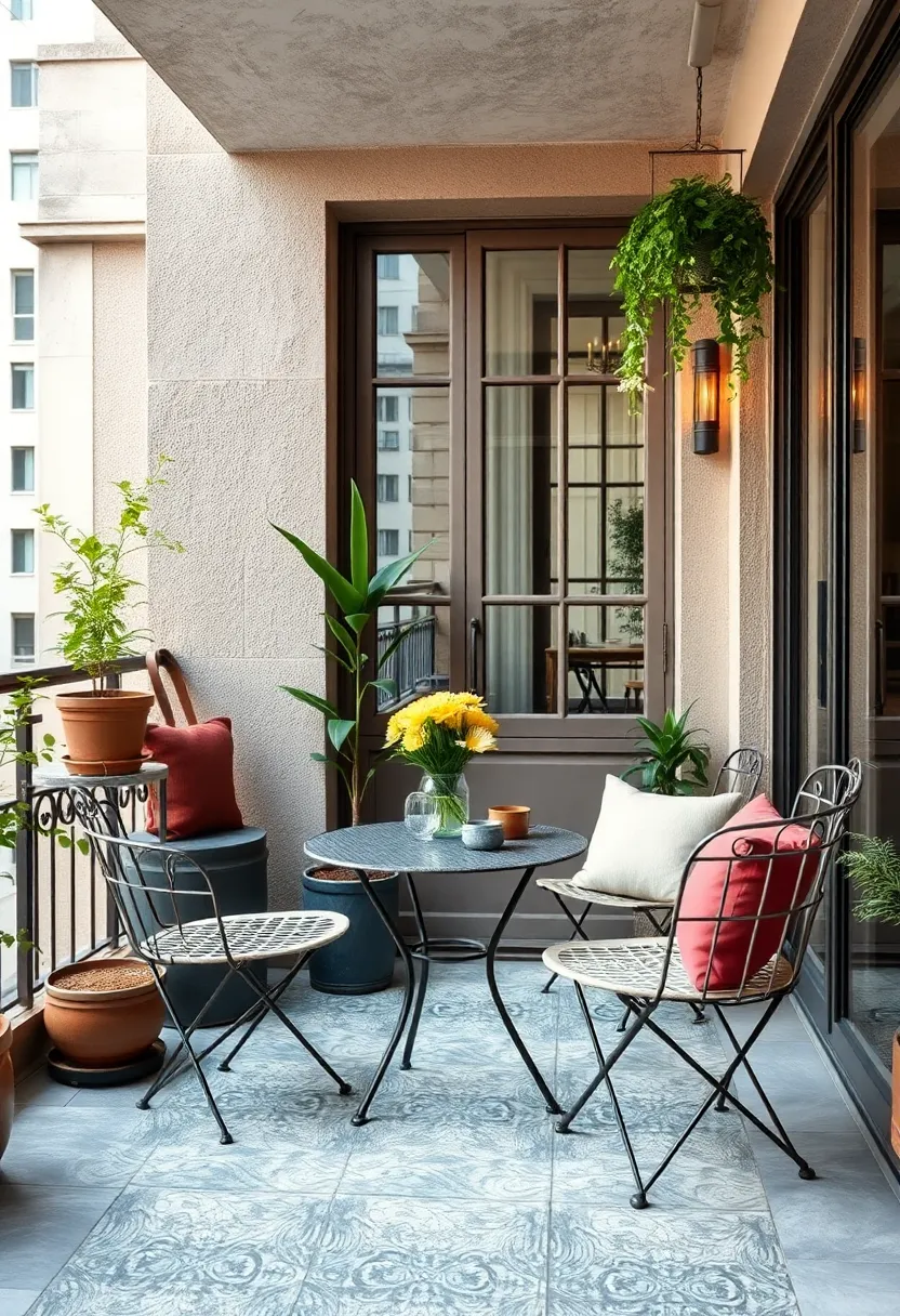 A stylish urban balcony fitted with space-saving wrought iron folding chairs and a compact table, maximizing vintage charm in small spaces