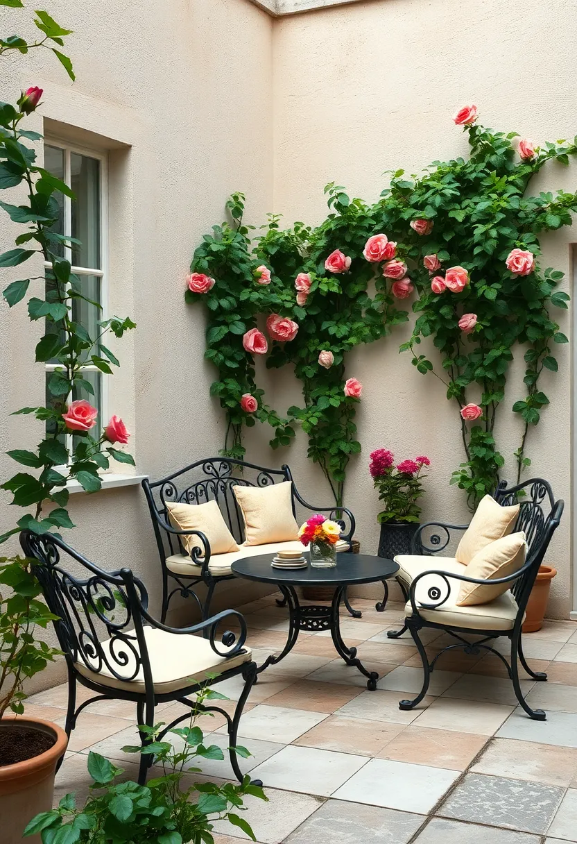 Classic black wrought iron benches nestled under climbing rose vines, creating a picturesque spot for reading or reflection