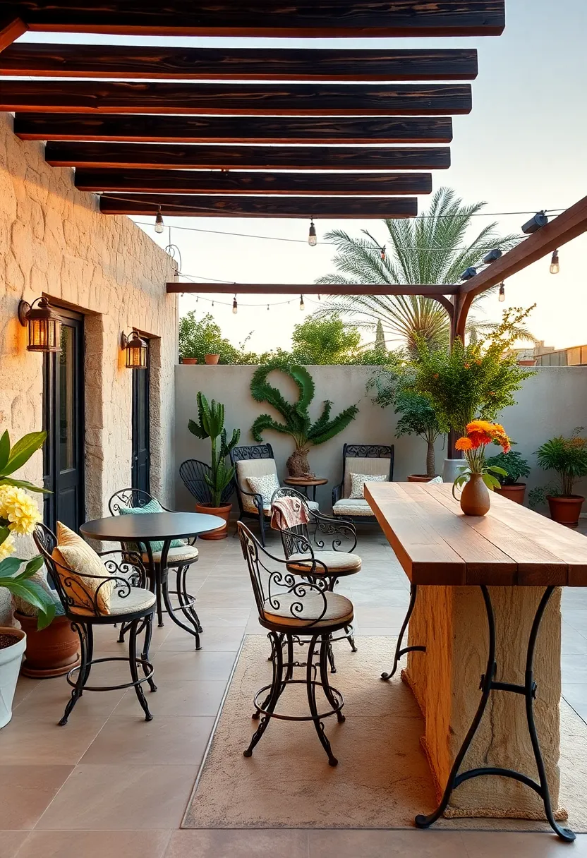 Sunset terrace with wrought iron bar stools paired with a rustic wooden counter, providing a stylish spot for casual gatherings