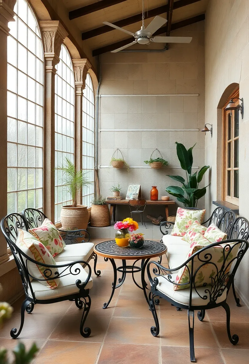 A stylish greenhouse seating area showcasing delicate wrought iron furniture with botanical cushions, harmonizing indoor and outdoor vibes