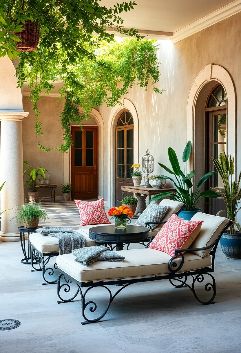 A sun-dappled terrace featuring wrought iron chaise lounges paired with vintage patterned throw pillows for ultimate relaxation