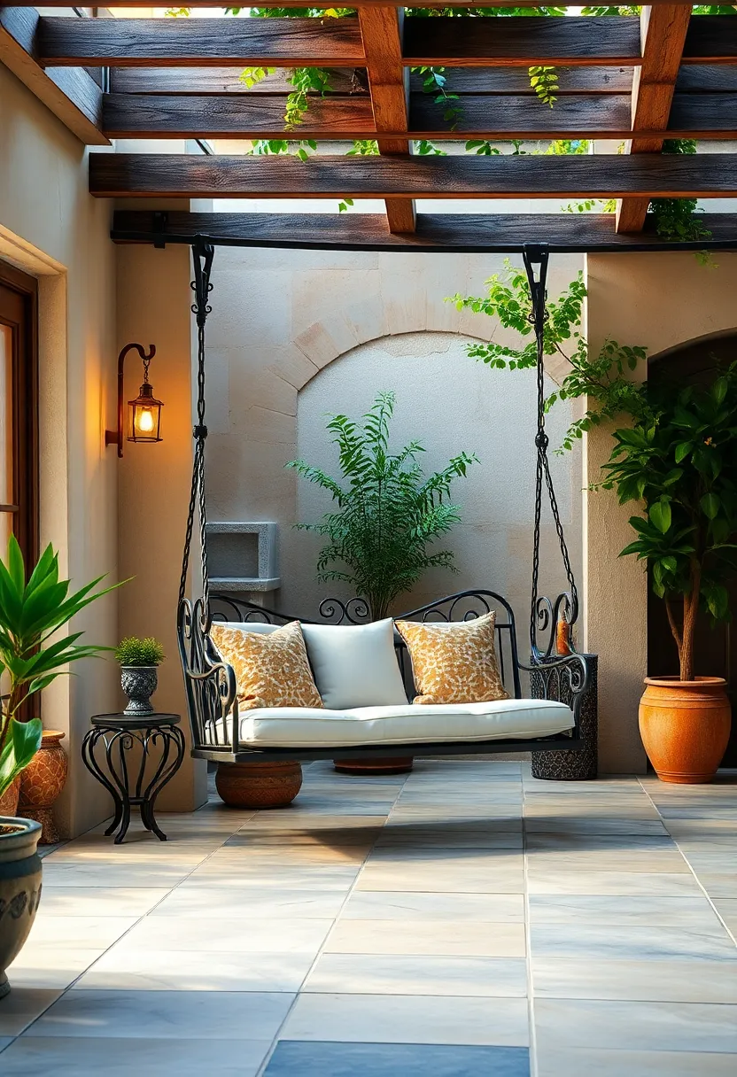An ornate wrought iron swing chair suspended from a pergola, blending vintage elegance with cozy comfort
