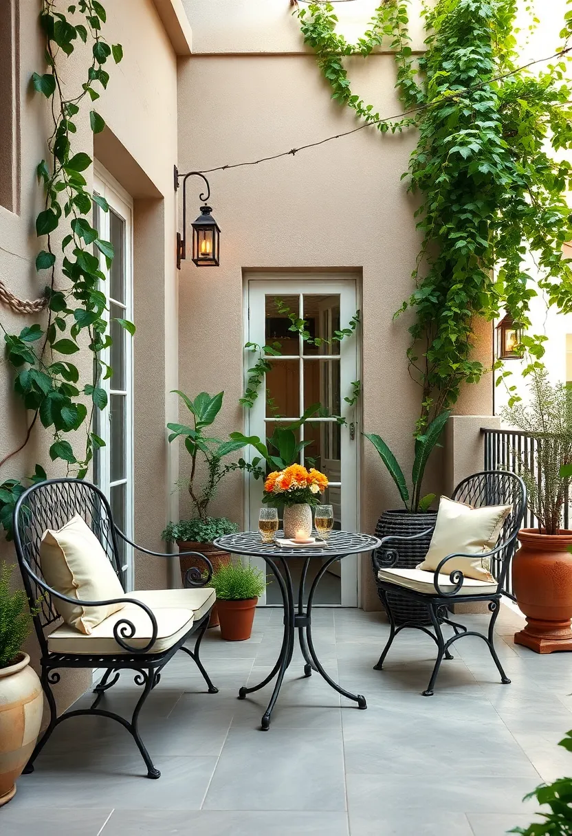 A romantic balcony outfitted with a petite wrought iron café table set, framed by cascading ivy and lanterns