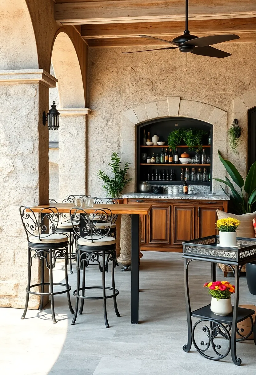 An elegant outdoor bar area highlighted by wrought iron stools with intricate backrests and a matching serving cart