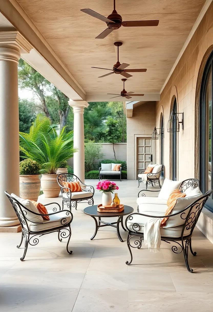 A sprawling veranda lined with elegant wrought iron lounge chairs, accented by plush cushions and soft throws