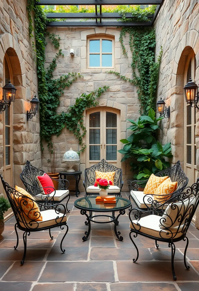 A classic French-inspired courtyard boasting wrought iron furniture with elegant curves, set against a backdrop of stone and ivy