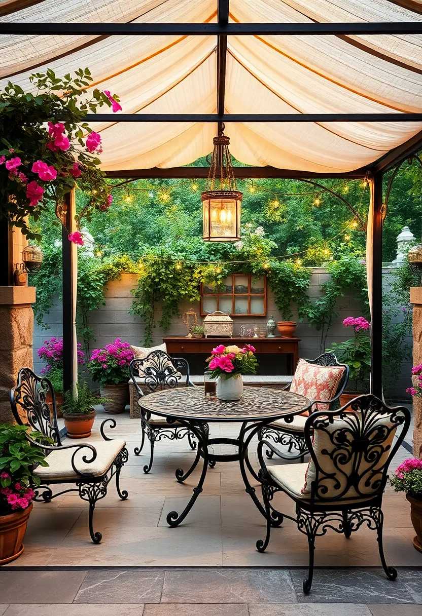 A vintage-inspired courtyard center with a grand wrought iron fountain surrounded by matching chairs, perfect for socializing