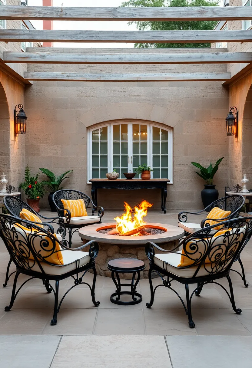 A cozy fire pit circle bordered by ornate wrought iron armchairs, creating a warm ambiance for cool evenings