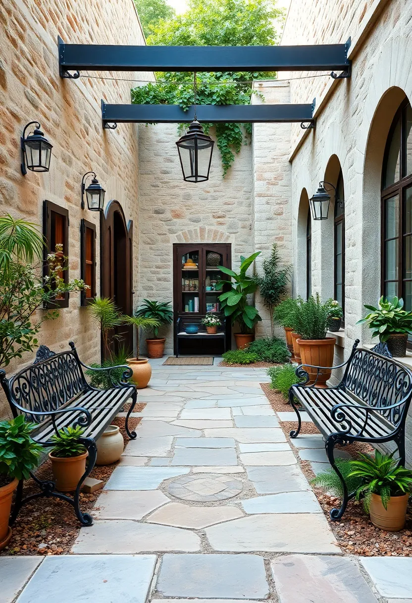 A whimsical garden path lined with wrought iron benches and matching planters,inviting visitors to linger and enjoy