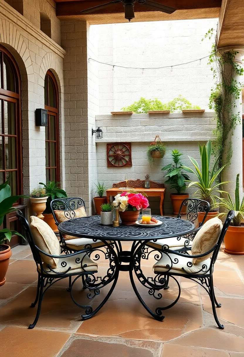 A quaint patio featuring a wrought iron dining table with delicate scrollwork, ideal for al fresco dinners