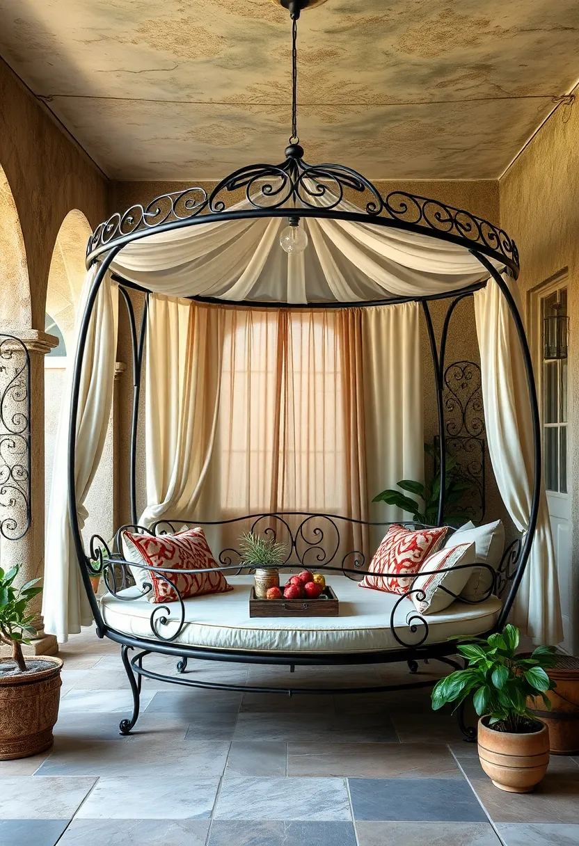A charming, circular wrought iron daybed with flowing canopy curtains, offering shade and serenity