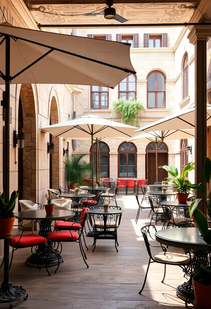 A lively courtyard café scene, complete with wrought iron umbrella bases and chairs arranged for communal dining