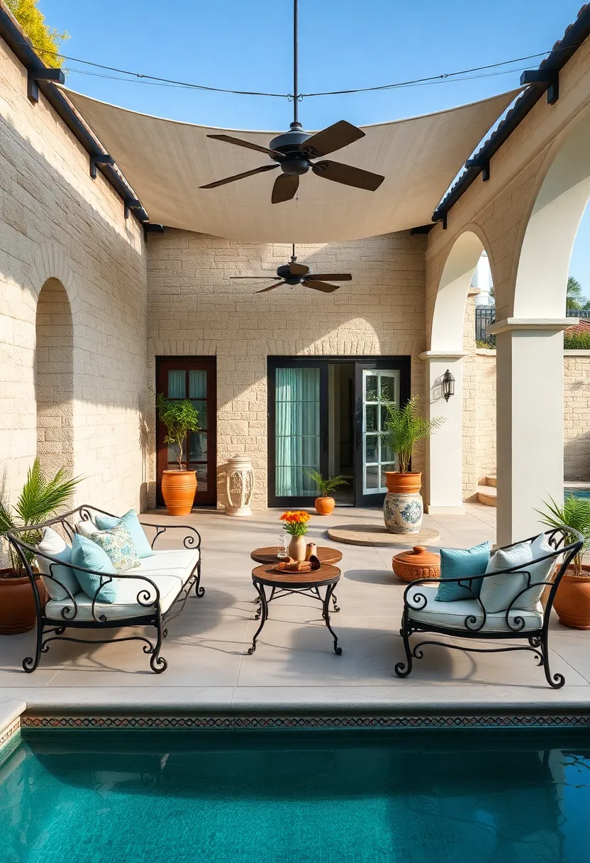 A sophisticated poolside retreat flaunting wrought iron loungers with retractable shades, merging function and flair