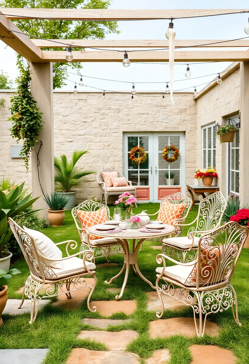 A sprawling lawn tea party setup, using painted pastel wrought iron furniture to channel a vintage garden party vibe