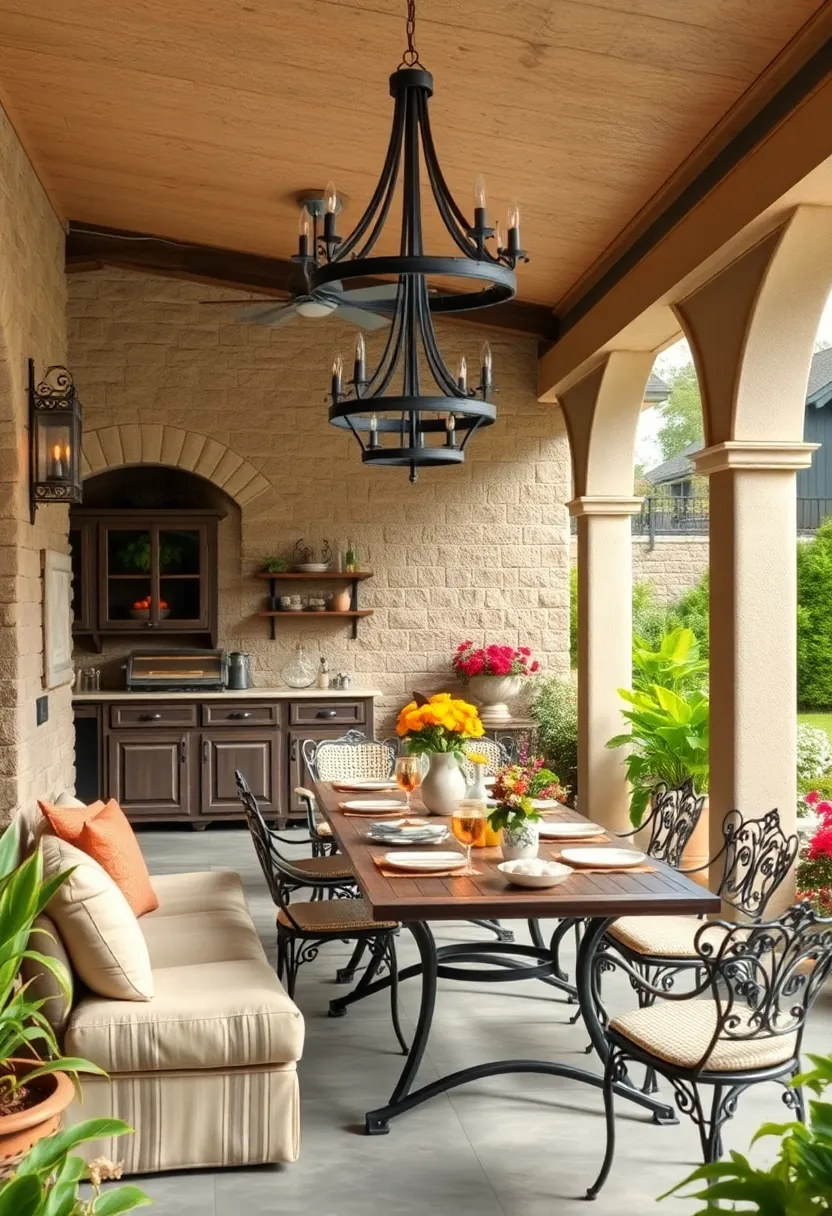 A rustic farm-style backyard dining space crowned with wrought iron chandeliers and matching table sets, enhancing its vintage appeal