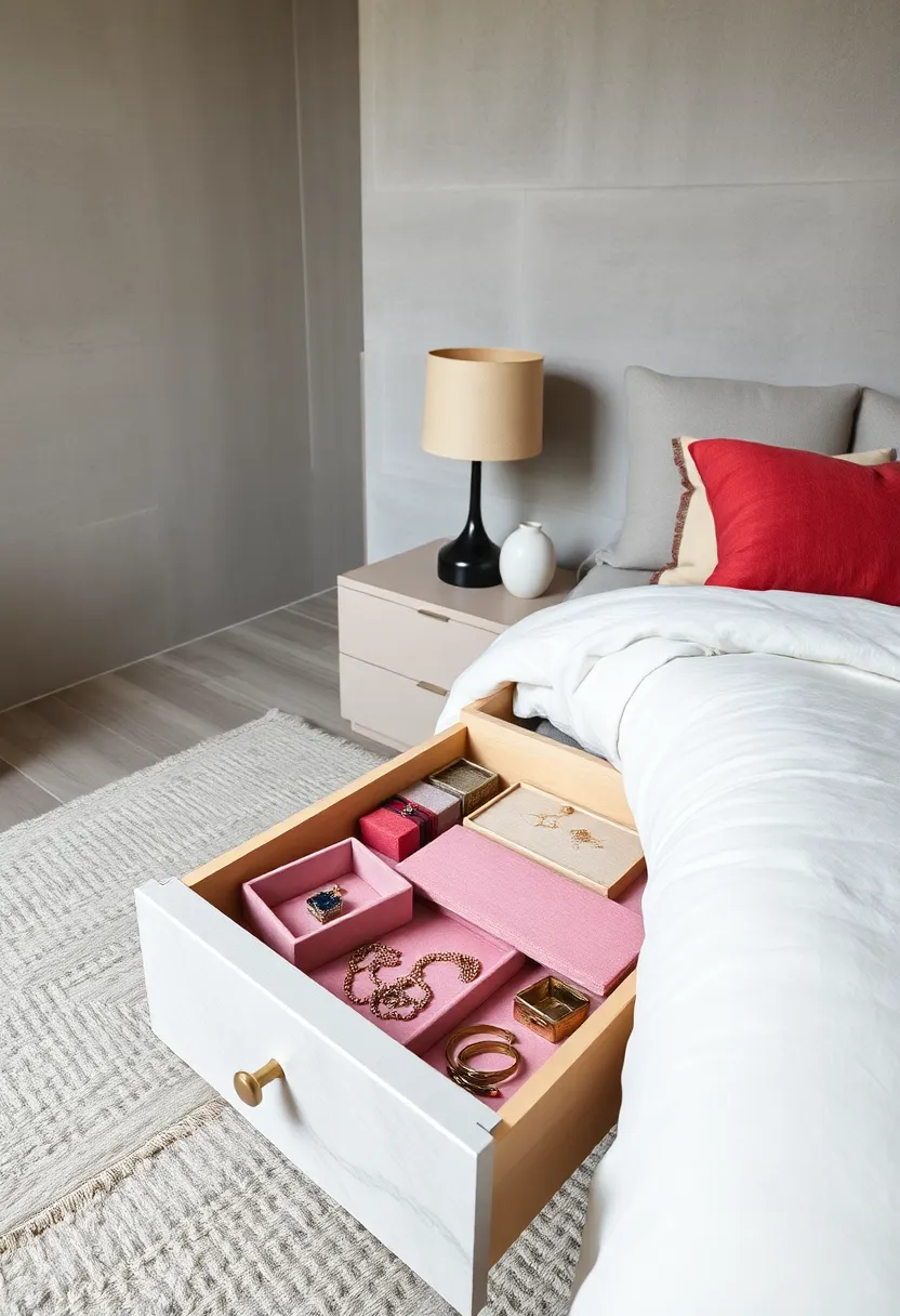 Arrange small velvet-lined boxes in a drawer for a chic, personalized storage system