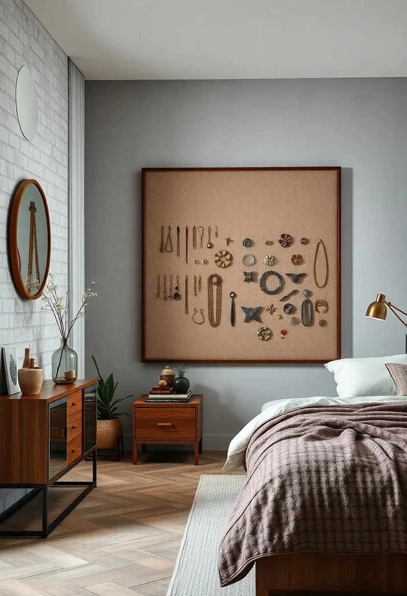 Hang a decorative corkboard covered with fabric to pin brooches and pins attractively