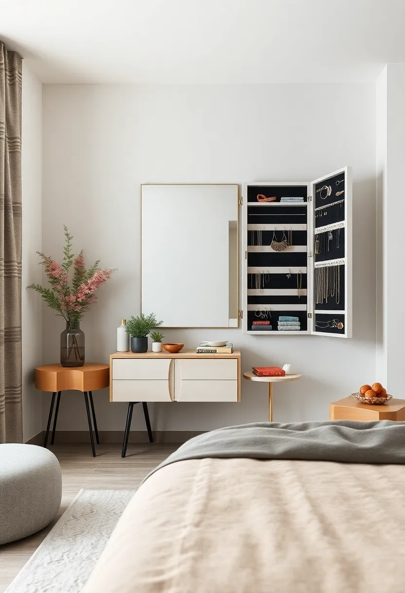 Place ⁢a⁢ mirrored‍ jewelry cabinet on ⁢the⁣ wall to combine storage with a practical dressing mirror
