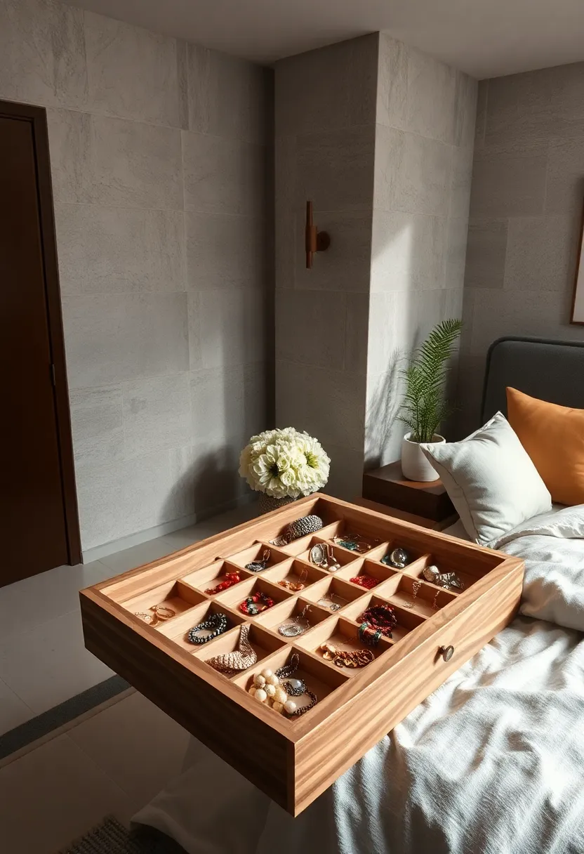 Repurpose a wooden utensil drawer organizer ⁢for neatly dividing ⁣different ⁢types of jewelry