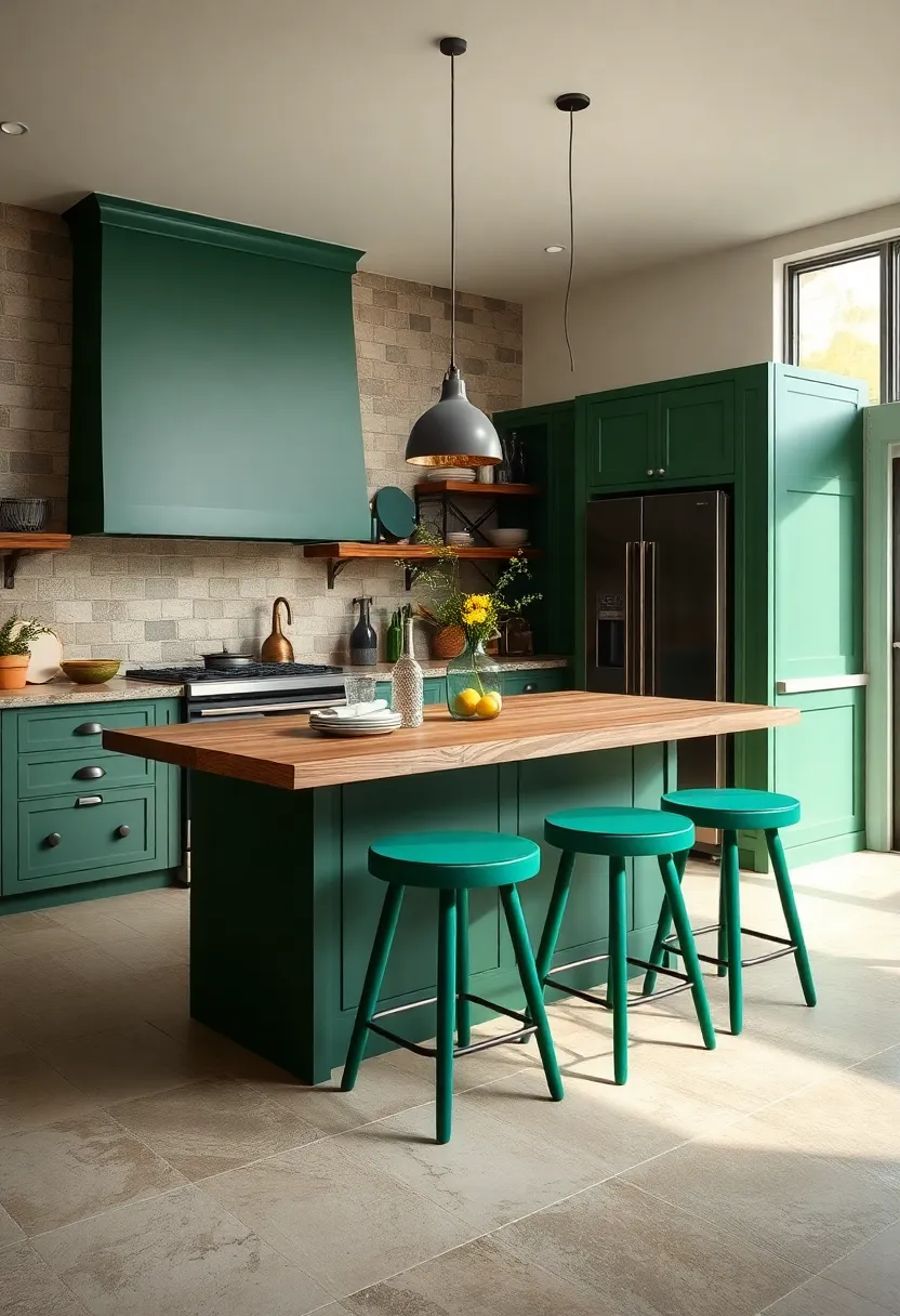Accent the Kitchen Table with Emerald Green Stools for a Splash of Modern Rustic