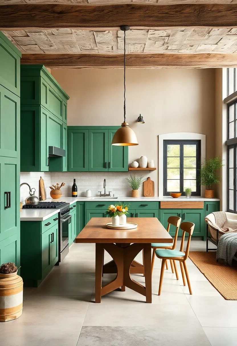 Complement Green Cabinets with Neutral Beige Walls to Balance Warmth