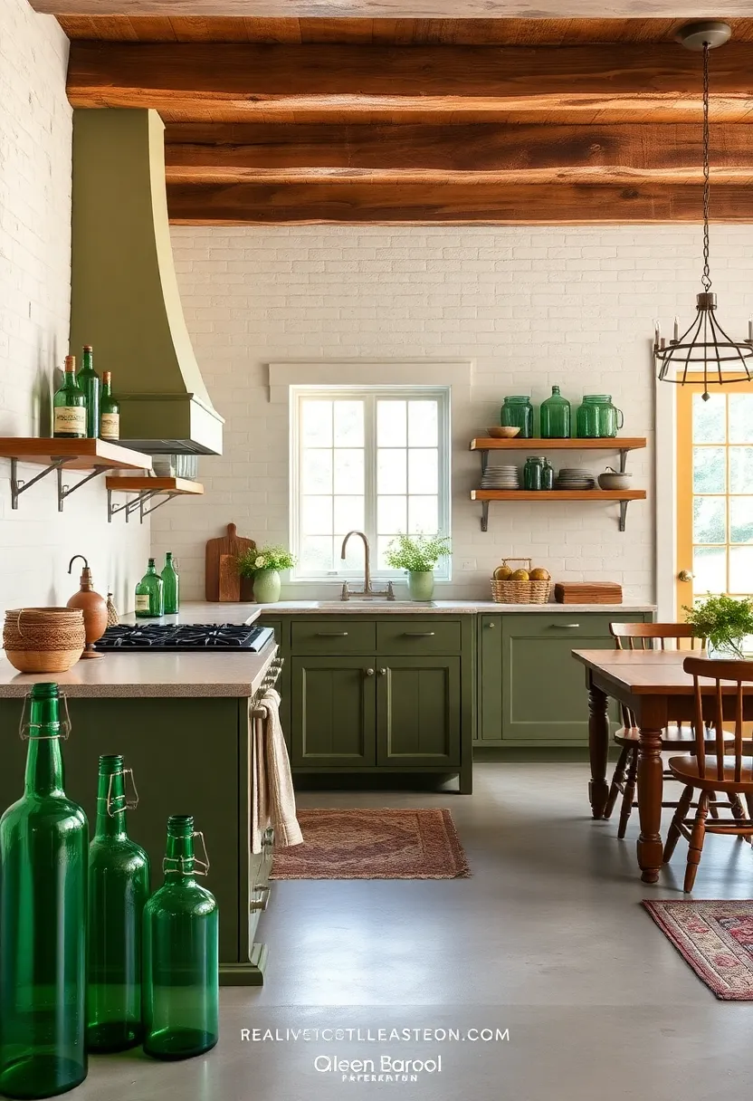 Decorate with Antique Green glass Bottles and Jars to Evoke Vintage Farm Life