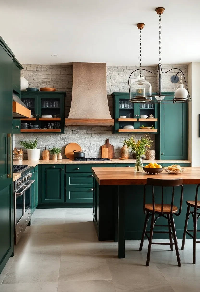 Incorporate Deep Forest Green Cabinets Paired with Warm Wood Countertops