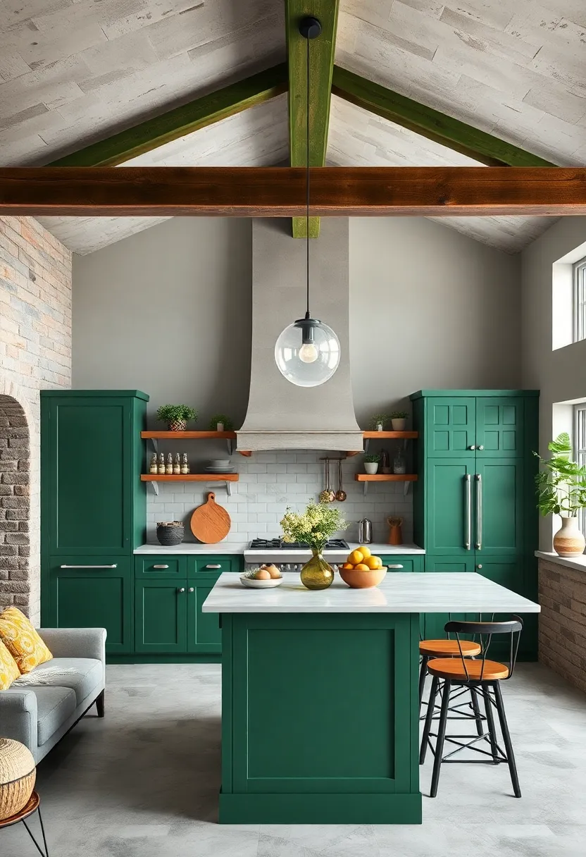 Install a Green-Painted Wooden Ceiling Beam to Frame the Kitchen Area