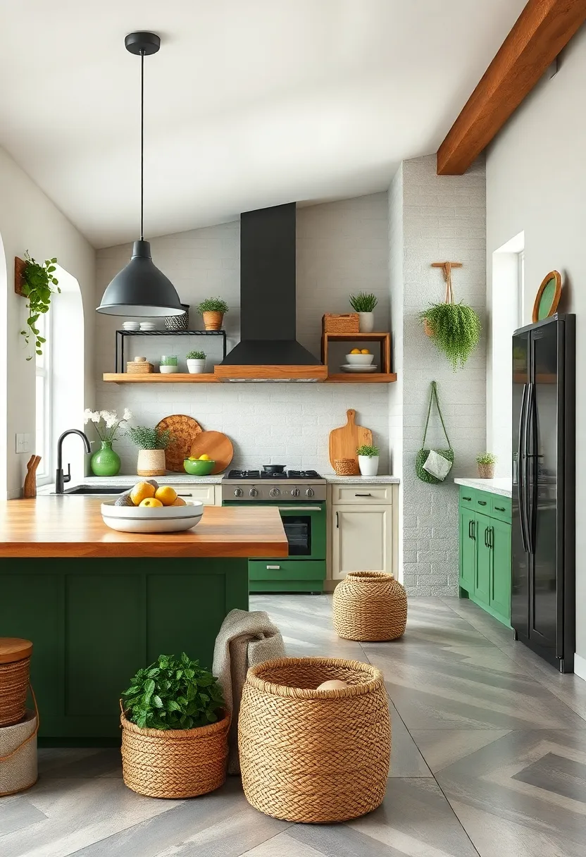 Mix Green and Natural Straw Elements in Baskets and Storage Solutions