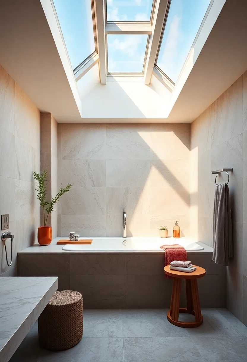 A boutique ​hotel-inspired ​bathroom⁢ featuring artisan tile‍ work and‍ a skylight that bathes the room in a soft glow​ at sunset