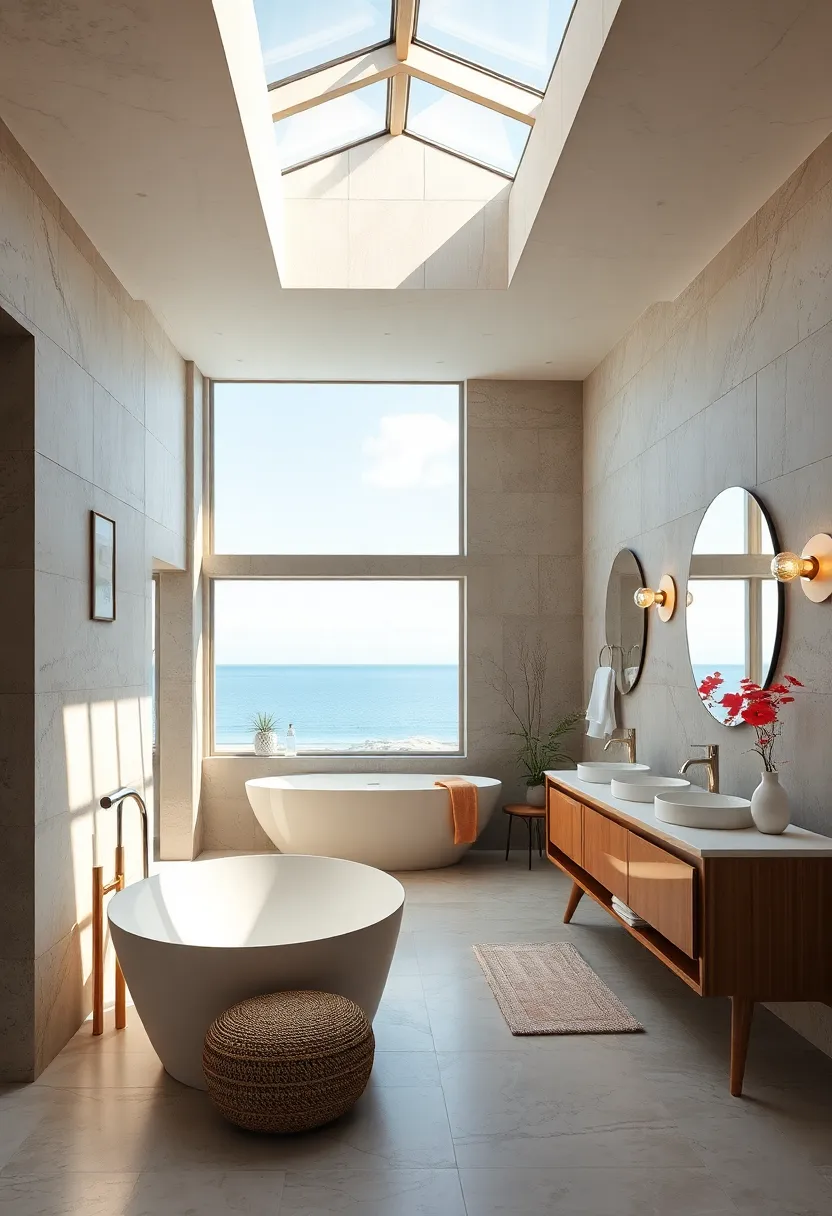 A ⁣coastal-inspired bathroom⁣ with a skylight and ocean-facing windows​ that invite breezy sunlight and sea views into the​ space