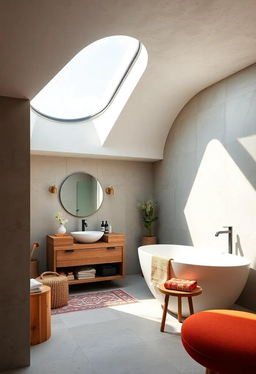 A cozy bathroom ‍nook‍ with a curved‍ skylight designed⁤ to channel morning light precisely‍ onto​ the vanity area