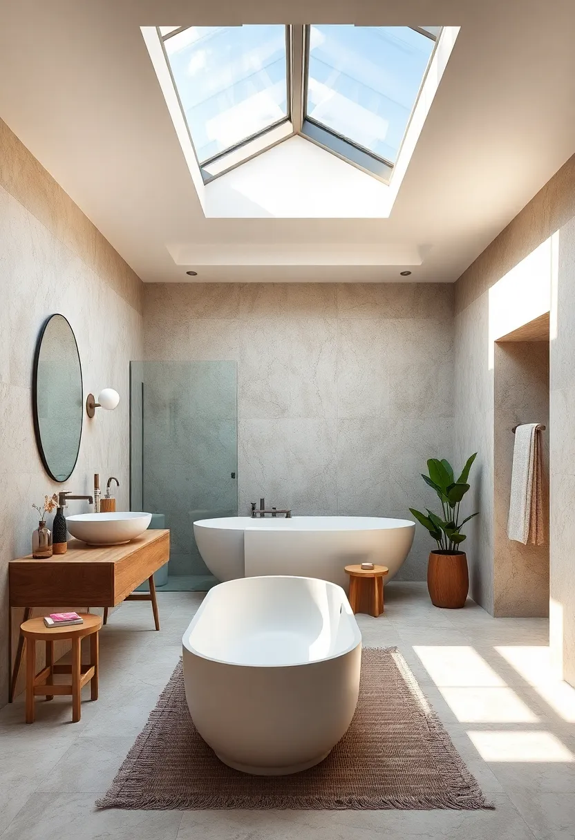 An eco-friendly bathroom designed with sustainable materials and ‌a ⁢skylight that optimizes​ daylighting to reduce energy‍ consumption