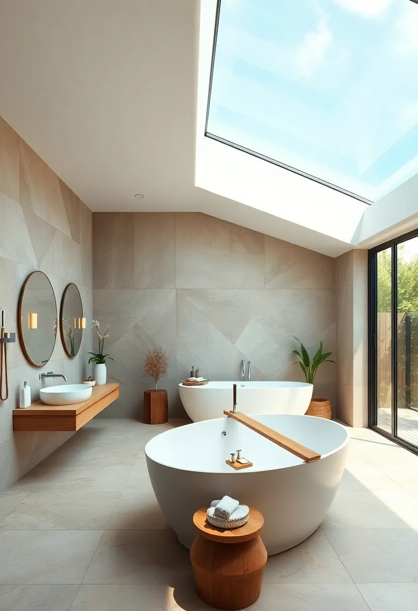 An⁢ elegant ⁤bathroom with floor-to-ceiling windows complemented by a large skylight, blurring the lines between indoor‍ and outdoor spaces