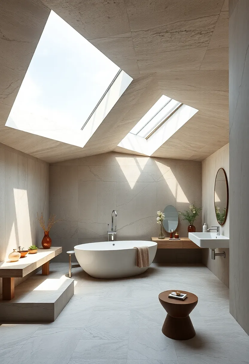A futuristic⁤ bathroom featuring geometric skylights that ⁣inject angular beams of light,creating dynamic patterns on sleek surfaces