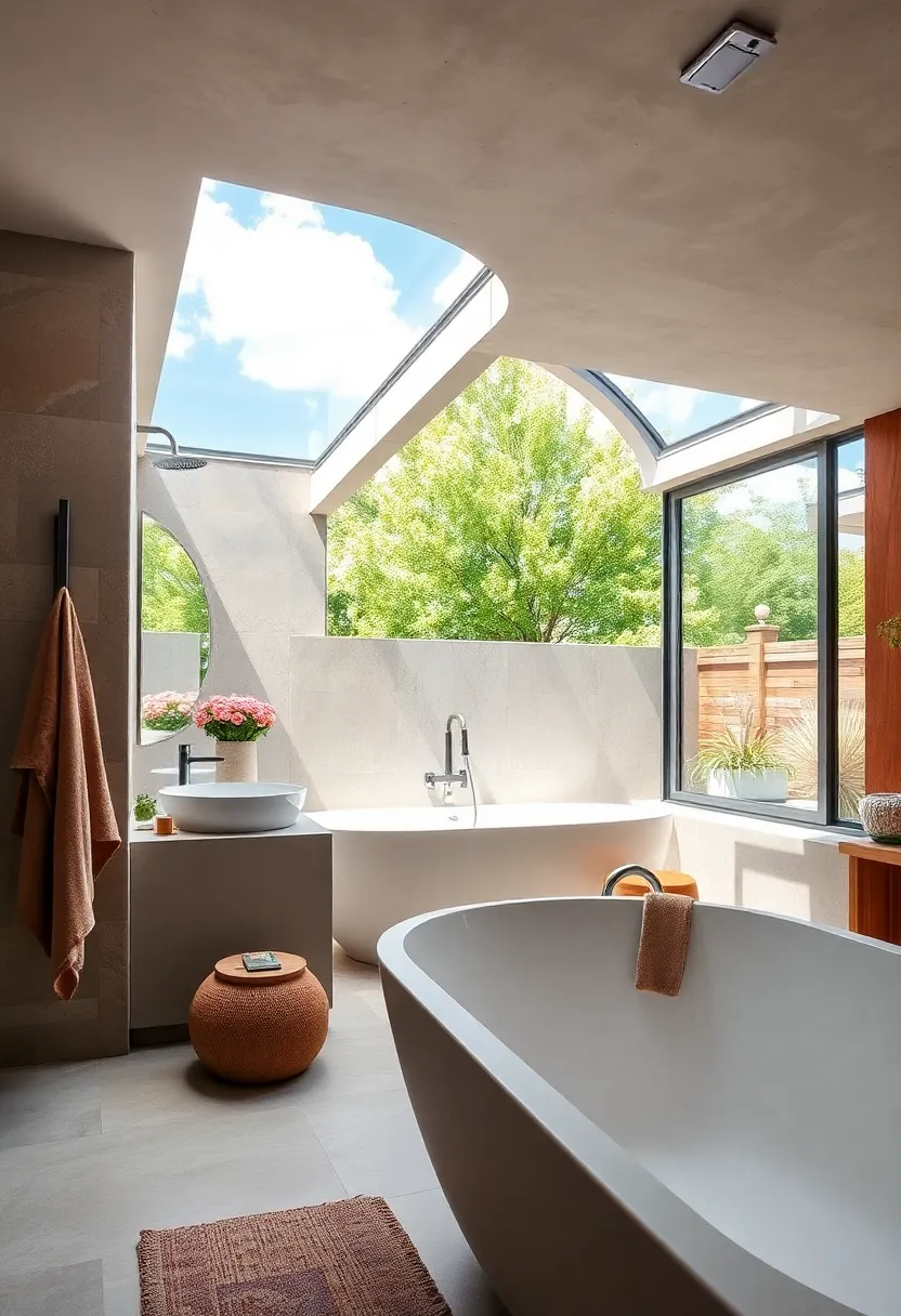 A garden-adjacent bathroom with a skylight that frames treetops and sky, blending indoor luxury with the outdoors