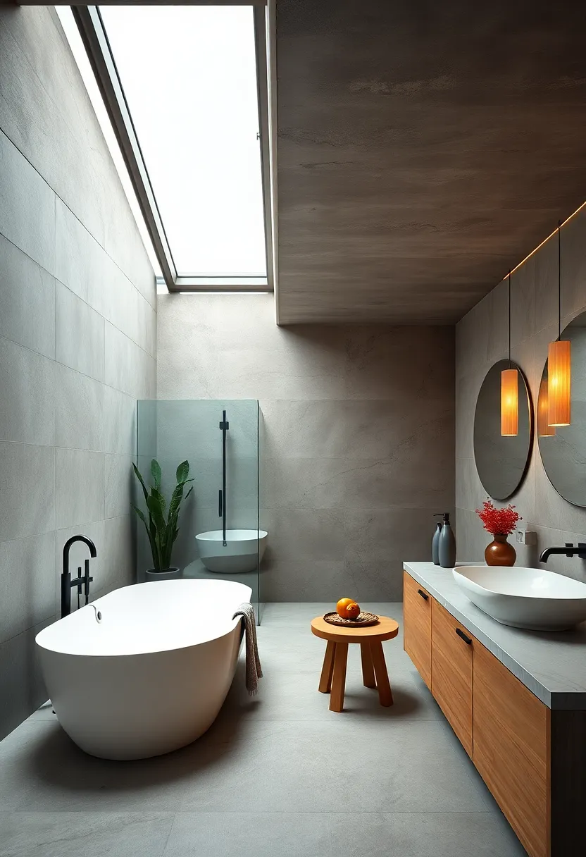 An industrial-chic bathroom featuring exposed​ concrete‍ walls and a sleek skylight that ‍darkens⁤ or brightens the room ⁣depending on the time of day