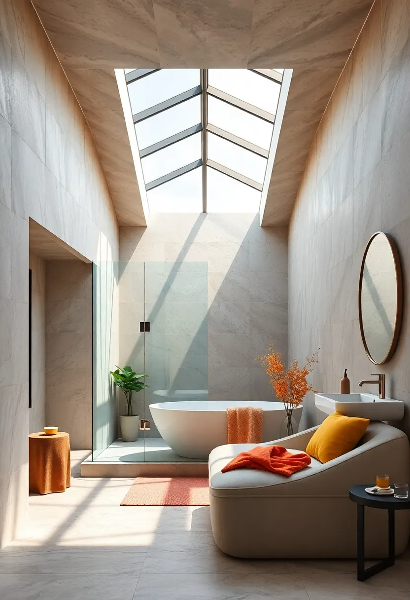 A⁢ lavish ⁤bathroom with ⁢a ​skylight‌ above a glass-enclosed ‍shower, turning ​daily routines into rejuvenating experiences with sunlight