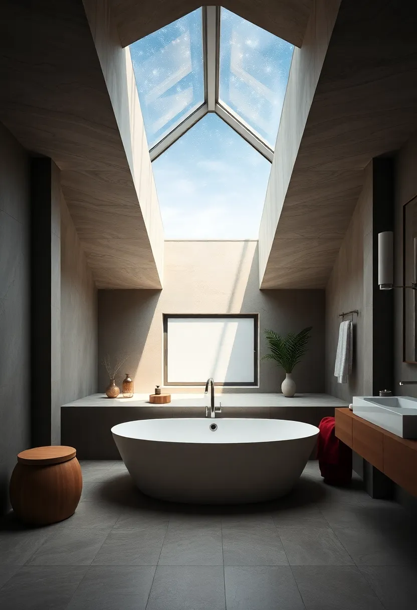 A ‍luxurious bathroom with​ a skylight positioned directly above‍ an oversized‌ soaking tub,offering a perfect view of the sky and stars