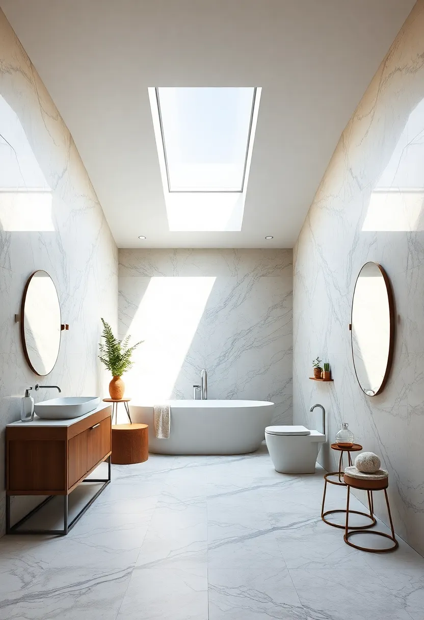 A luxurious marble-clad bathroom with a rectangular skylight, casting cool natural light ‌that⁣ contrasts elegantly with warm fixtures