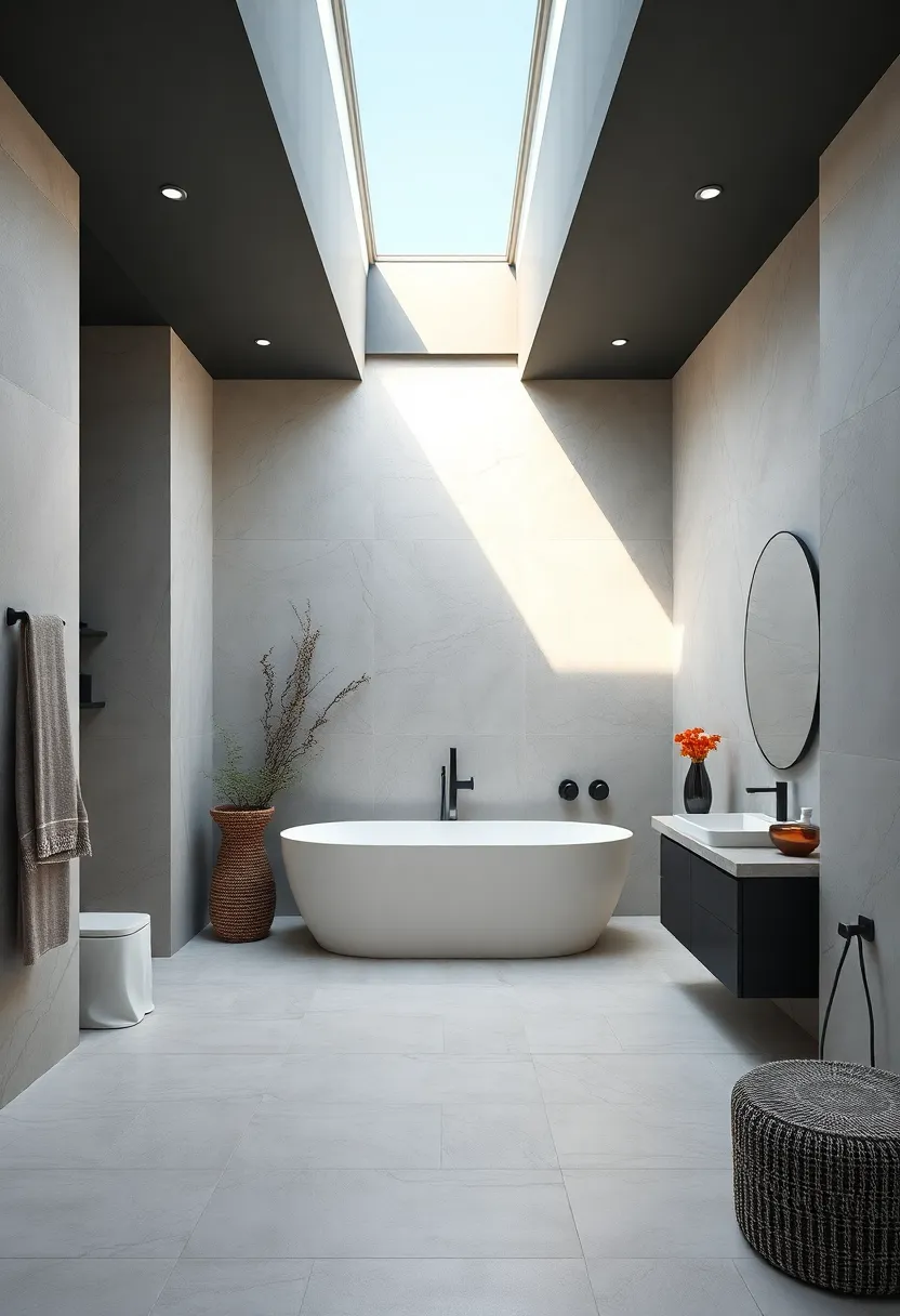 A minimalist black and white bathroom⁤ enhanced by a narrow‍ skylight running along the ceiling, casting dramatic lines of natural light