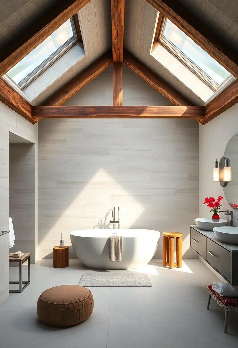A ​modern farmhouse bathroom with rustic beams and a ⁤strategically ‌placed skylight that⁣ illuminates ⁤the freestanding tub ​perfectly