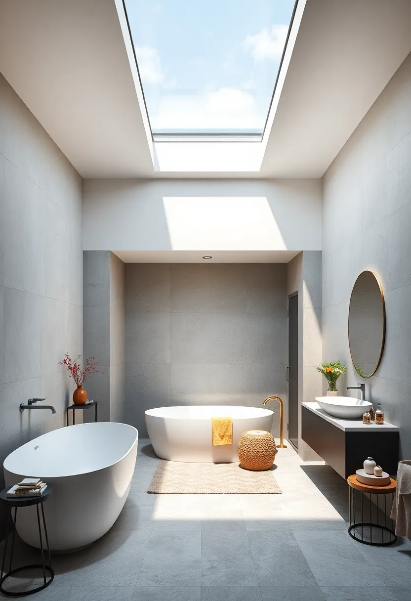 A monochromatic bathroom punctuated by​ a large,crystal-clear⁤ skylight that amplifies the sleek,timeless aesthetic⁣ with natural ⁣brightness