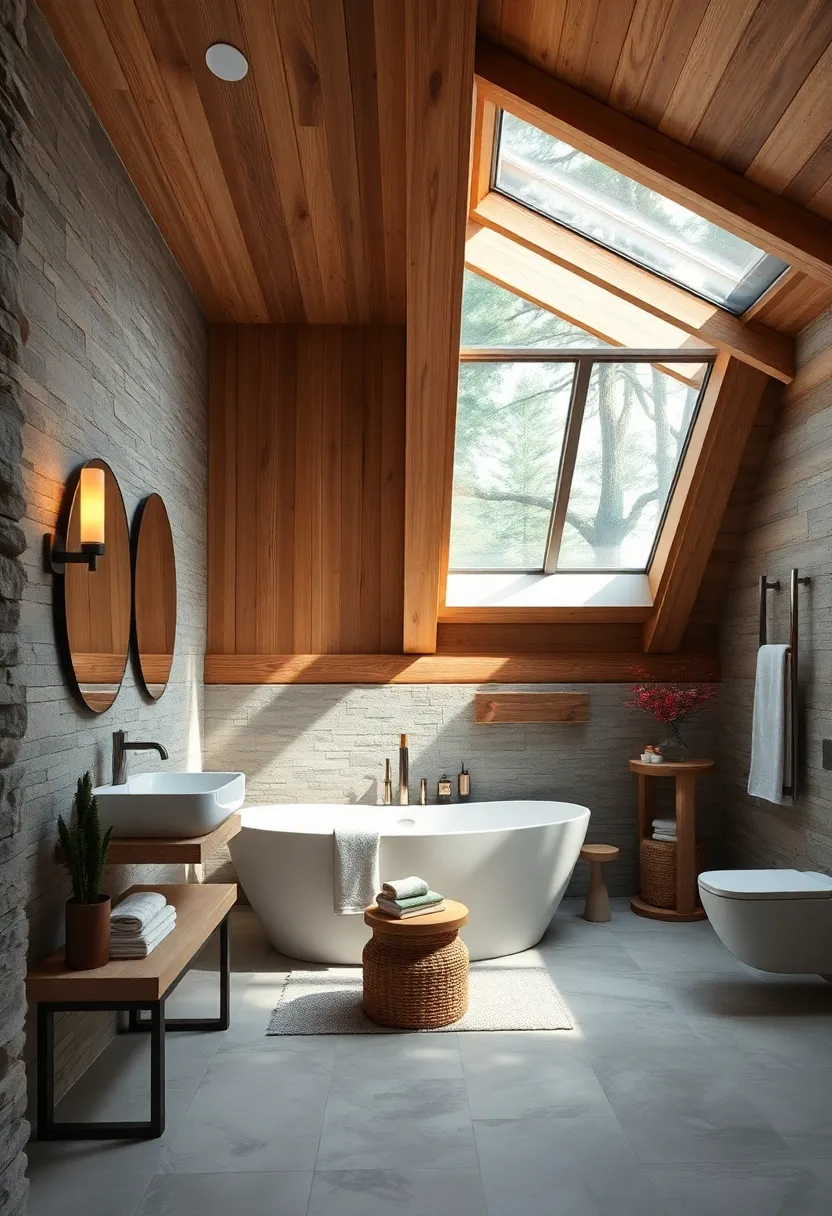 A rustic lodge bathroom featuring‍ natural wood‍ finishes and a skylight that showcases the surrounding forest canopy from above