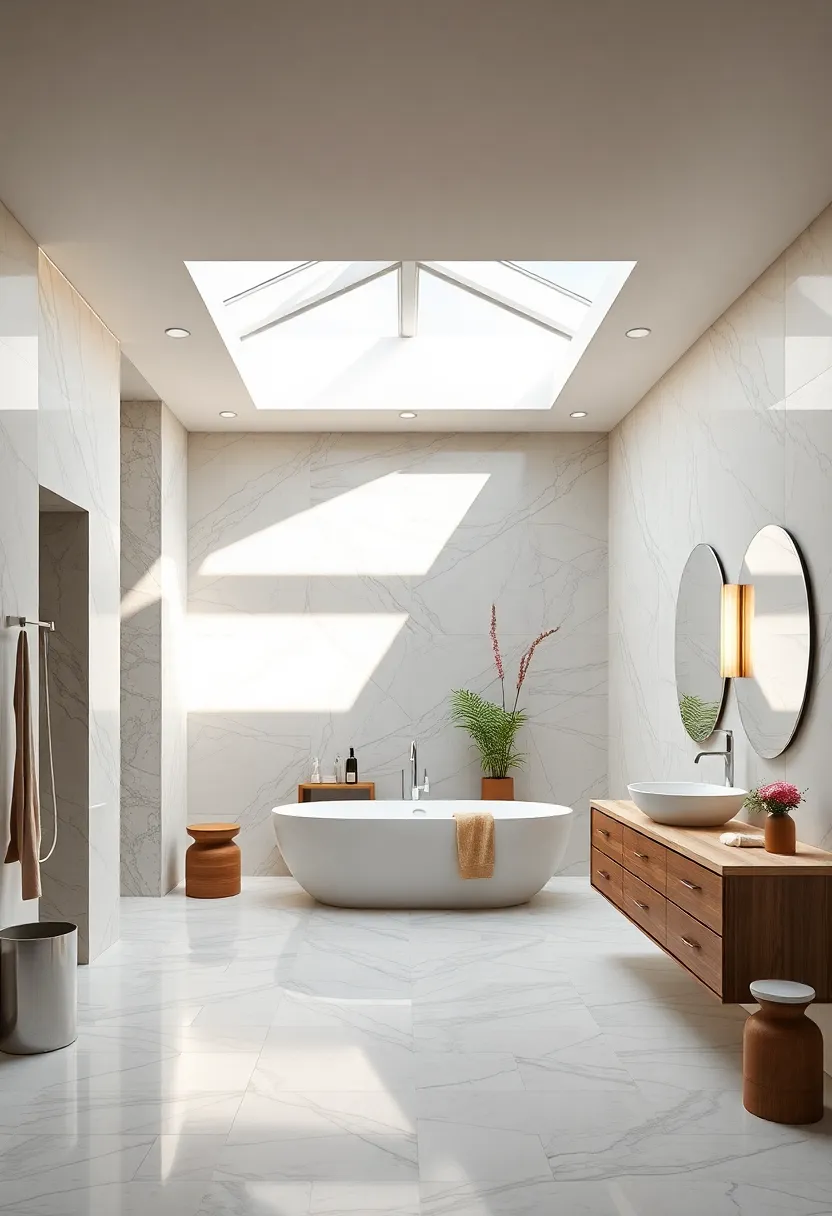 A serene marble bathroom with a large⁣ skylight that⁤ floods the space with soft, natural ‌light, highlighting the‌ glossy⁢ surfaces and minimalist design