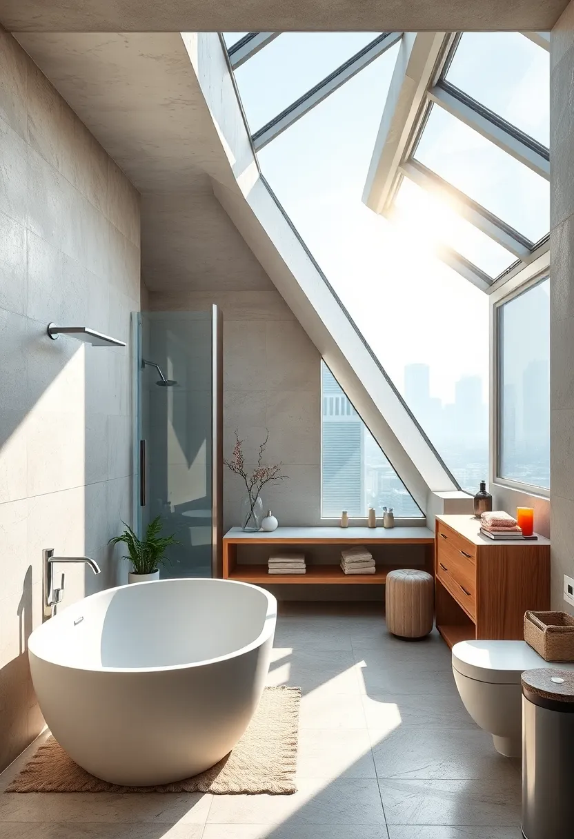 An urban ‍penthouse bathroom⁢ boasting a‌ panoramic skylight that offers sweeping cityscape views alongside⁤ bright, radiant light