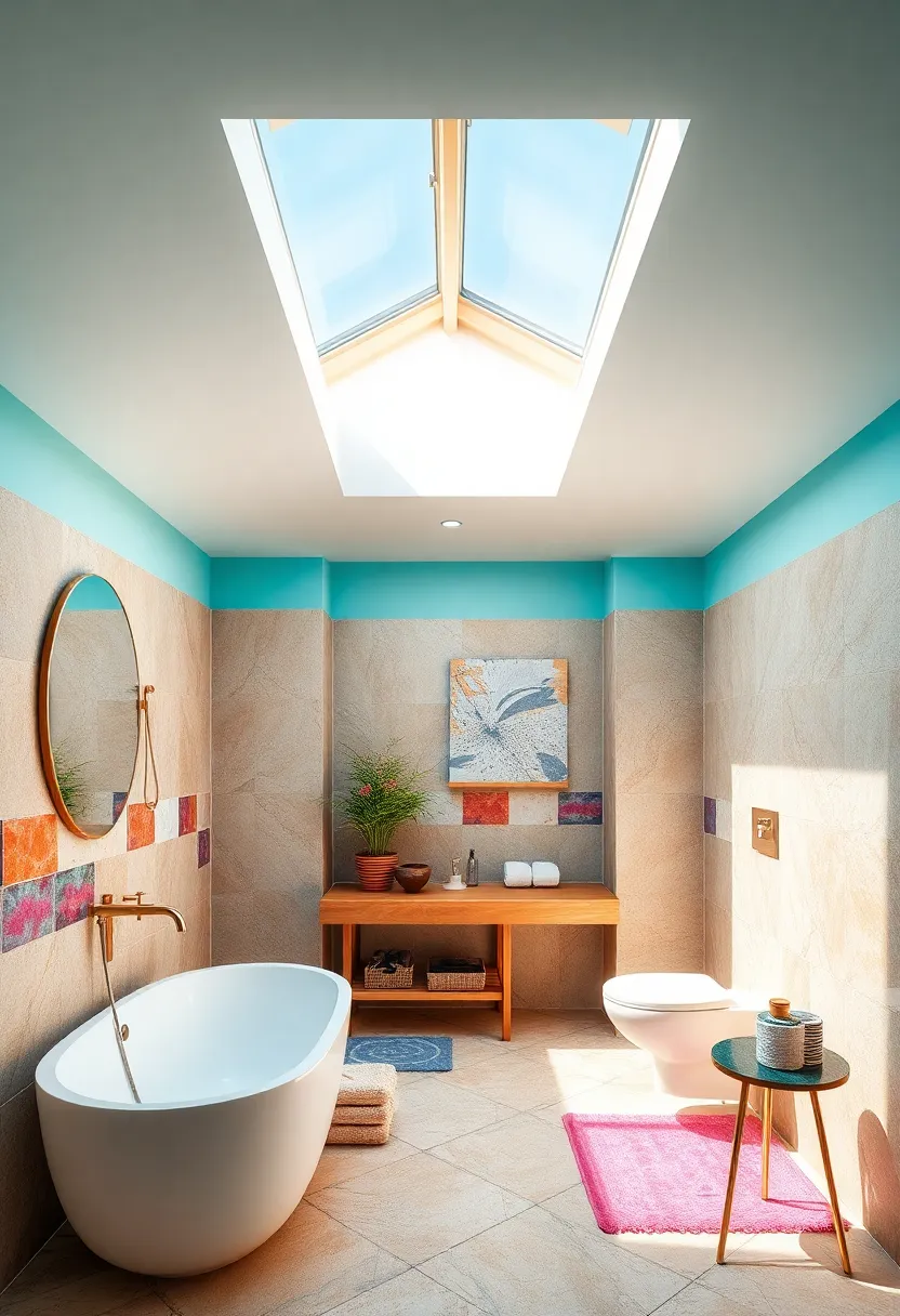A ⁢vibrant bathroom adorned with colorful tiles and⁤ a skylight that ‌enhances the lively hues while providing diffused daylight