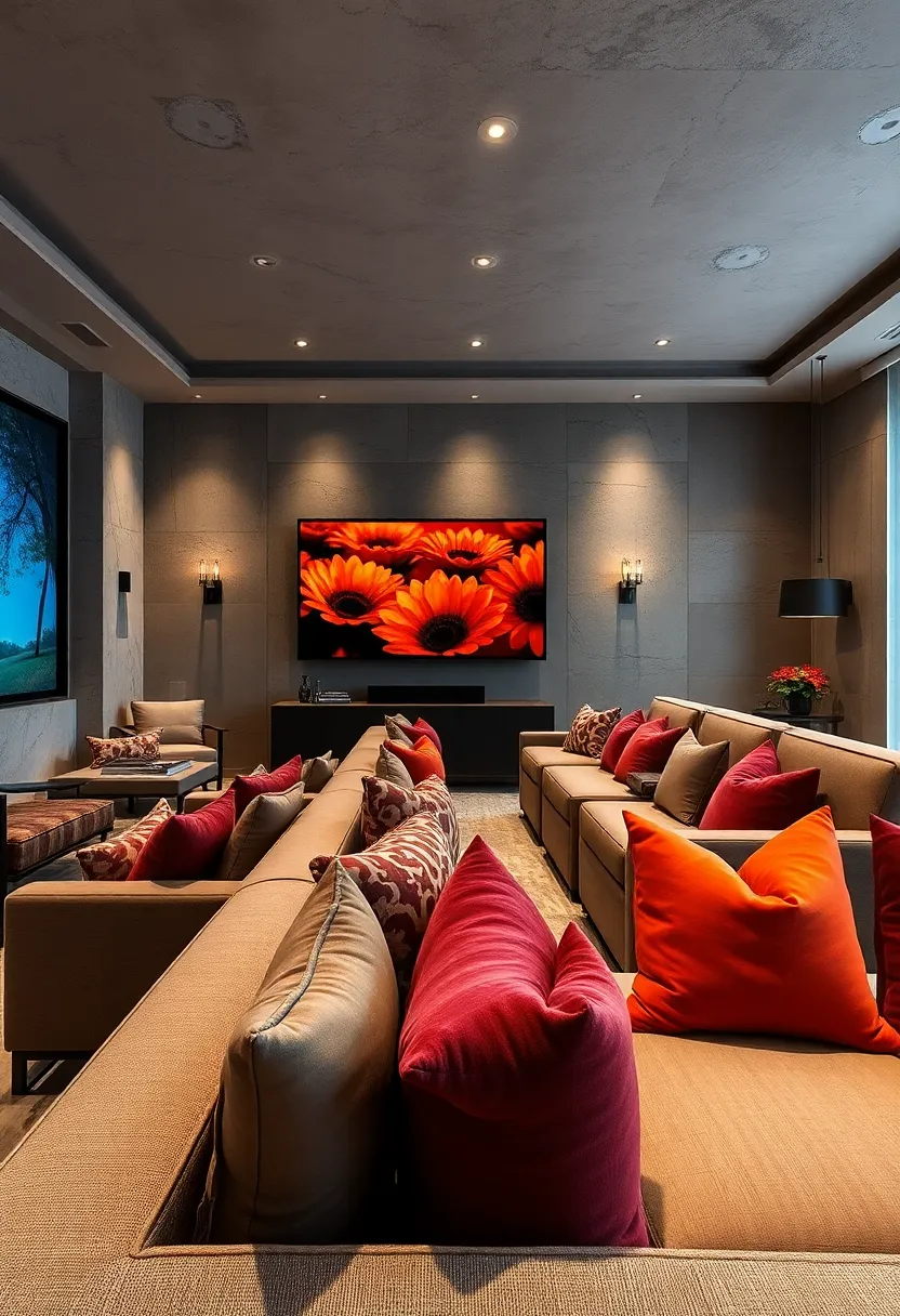 Patterned velvet throw pillows in complementary bold tones add luxurious comfort to seating areas