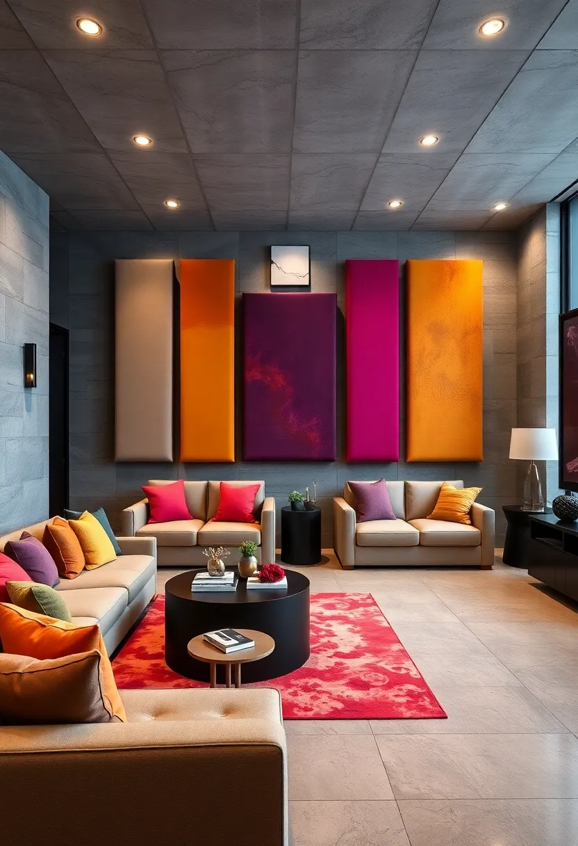 Acoustic panels upholstered in bright fabrics⁢ double as wall art and sound absorbers for high-end appeal